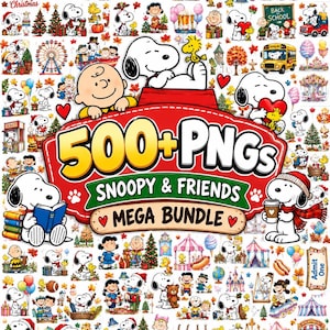 以下が含まれることがあります： スヌーピーと仲間たちの500以上のPNG画像デジタルコレクション。スヌーピー、チャーリー・ブラウン、その他のキャラクターが登場する様々なシーンがあり、ホリデーテーマ、遊園地の乗り物、学校の風景などが含まれています。テキストは「500+ PNGs SNOOPY & FRIENDS MEGA BUNDLE」です。