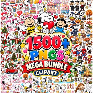 Op de afbeelding: Een digitale collectie van 1500+ PNG-clipartafbeeldingen met Snoopy, Charlie Brown en Lucy in diverse seizoensgebonden, feestelijke en thematische scènes, waaronder Kerstmis, Halloween en superheldenkostuums, met kleurrijke tekstoverlays.