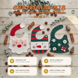 Può includere: Un set di tre bavaglini in tessuto con motivi natalizi: un volto di Babbo Natale, un volto di pupazzo di neve a righe rosse e verdi e un albero di Natale verde con piccole decorazioni. Il testo recita CHRISTMAS BIB Pattern & Sewing Instruction Bundle Set of 3.