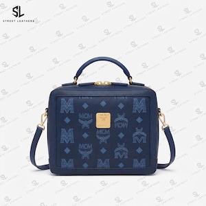 MCM Bag Navy Blue Leather Crossbody Women Designer Structured Top Handle Monogram Purse Gift
