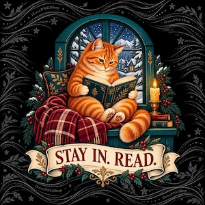 Könnte beinhalten: Eine orangefarbene getigerte Katze sitzt auf einem Fensterbrett und liest ein Buch, eingewickelt in eine rot karierte Decke. Eine brennende Kerze, zwei gestapelte Bücher und Tannenzweige mit roten Beeren umgeben die Katze. Ein Banner darunter zeigt STAY IN. READ.