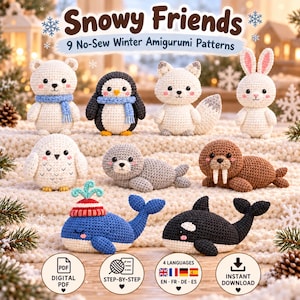 Könnte beinhalten: Eine Sammlung von neun gehäkelten Amigurumi-Figuren, darunter ein Eisbär, Pinguin, Fuchs, Hase, Eule, Robbe, Walross, Wal und Orca. Der Text lautet Snowy Friends 9 No-Sew Winter Amigurumi Patterns, Digital PDF, Step-by-Step und Instant Download.