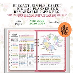 May include: A digital planner for Remarkable Paper Pro featuring 450 pages for 2025-2027. The screen displays a daily schedule, meal plan, and journal entry with colorful text and a circular time tracker. Includes a free bonus sticker book.