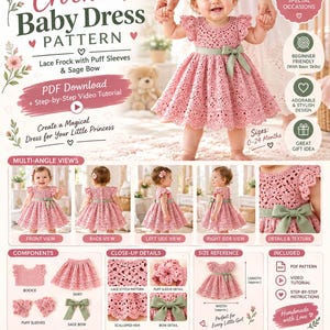 May include: A crochet baby dress pattern featuring a lace frock with puff sleeves and a sage green bow. The document includes a PDF download, step-by-step video tutorial, multi-angle views, component breakdown, close-up details, and size reference.