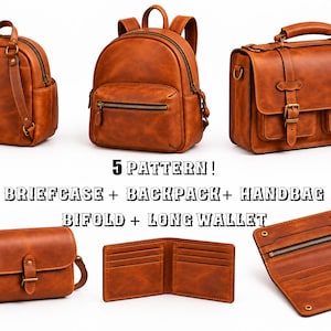 Peut inclure: Une collection de cinq articles en cuir marron clair comprenant un sac à dos, une mallette, un sac à main, un portefeuille pliable et un portefeuille long. Le texte 5 PATTERN! BRIEFCASE + BACKPACK + HANDBAG BIFOLD + LONG WALLET est affiché.