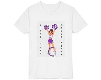 Cheer Loud Cheer Proud Youth Tee | Cheerleader PomPoms, Purple and White