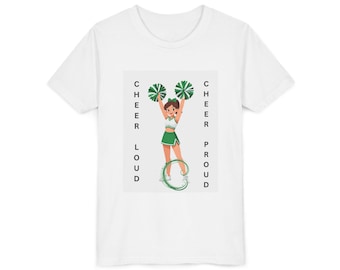 Cheer Loud Cheer Proud Youth Tee | Green Pom Pom Cheerleader Design