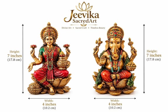 Gold Finish Lakshmi Ganesha Idol Set, 7 Inch Hindu Statues, Home Temple Decor