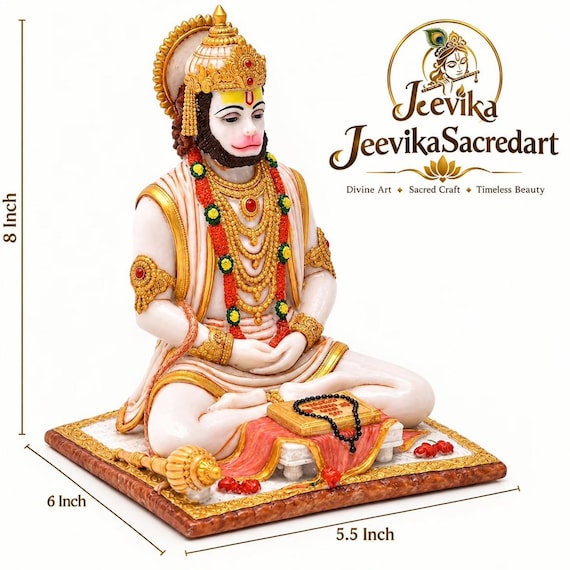Meditating Hanuman Ji Statue, White Gold Bajrangbali Idol, 8 Inch Home Temple Decor