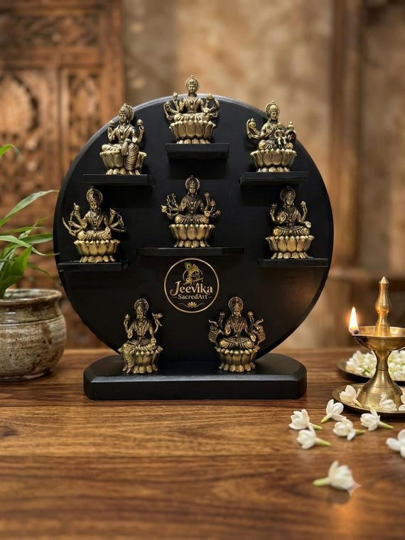Ashtalakshmi Statue, Eight Forms of Goddess Lakshmi, Hindu Temple Decor, Gold Finish Lakshmi Idol on Black Stand, Spiritual Gift