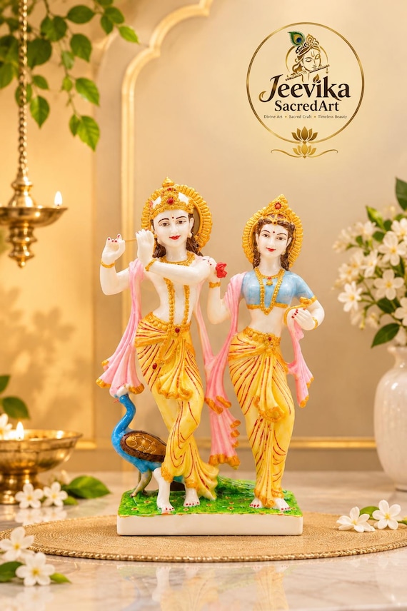 Hand Painted Radha Krishna Idol, Flute Playing Figurine, Peacock Base Decor