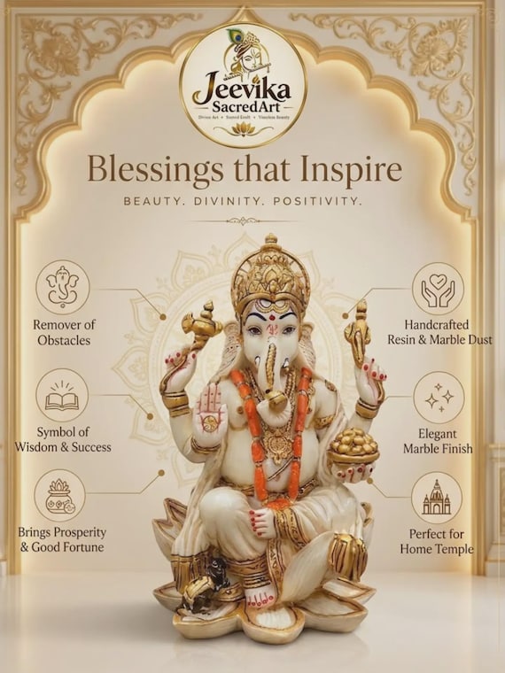 Lord Ganesha Statue, Resin Marble Dust Idol, White Gold Ganpati Murti, Lotus Base, Spiritual Gift.