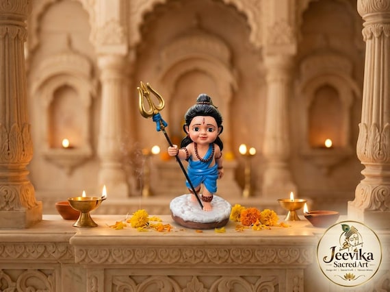 Bal Shiva Idol – Baby Lord Shiva with Trishul, Damru, Rudraksha Beads (Resin Figurine)