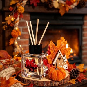 May include: A square glass reed diffuser bottle with a black cap and four wooden reeds, featuring a metallic red maple leaf decal. It is displayed with a small orange fabric pumpkin, a wooden house ornament, and a large orange maple leaf.