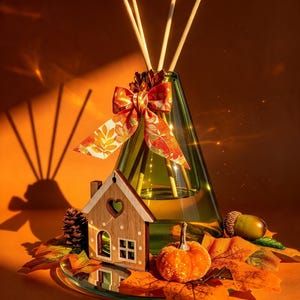 Handcrafted Autumn Reed Diffuser | Spiced Apple or Pumpkin Spice | Green Glass House Arrangement