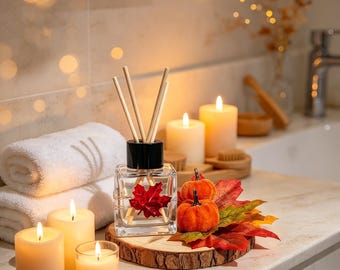 Handcrafted Autumn Reed Diffuser | Pumpkin Spice Scent, Wood Base, Maple Leaves
