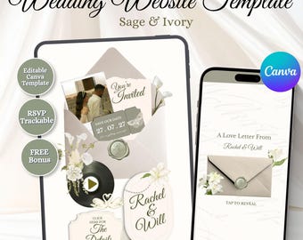 May include: A digital wedding website template displayed on a tablet and smartphone, featuring sage and ivory colour schemes. The design includes an invitation envelope, a photo of a couple, a vinyl record icon, and text reading Wedding Website Template.