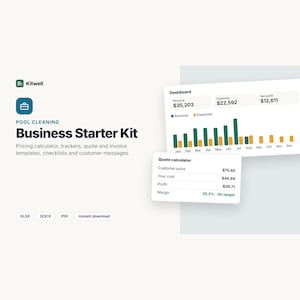 Puede incluir: Un kit de inicio digital para negocios de limpieza de piscinas de Kitwell que incluye un panel con datos de ingresos, gastos y beneficio neto, una calculadora de presupuestos y plantillas para precios, seguimiento, facturas y listas de control.