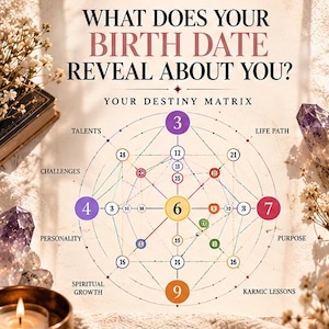 May include: A Destiny Matrix chart on paper with the text WHAT DOES YOUR BIRTH DATE REVEAL ABOUT YOU? YOUR DESTINY MATRIX. The diagram features a central yellow circle with the number 6, surrounded by colored circles with numbers and lines.