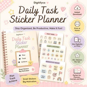 Op de afbeelding: Een digitale dagelijkse takenstickerplanner-set met een spiraalgebonden notitieboekhoes en drie stickervellen met pastelkleurige iconen, tekst en motiverende zinnen, inclusief labels zoals Daily Tasks, Habits & Routines en Productivity Boost.