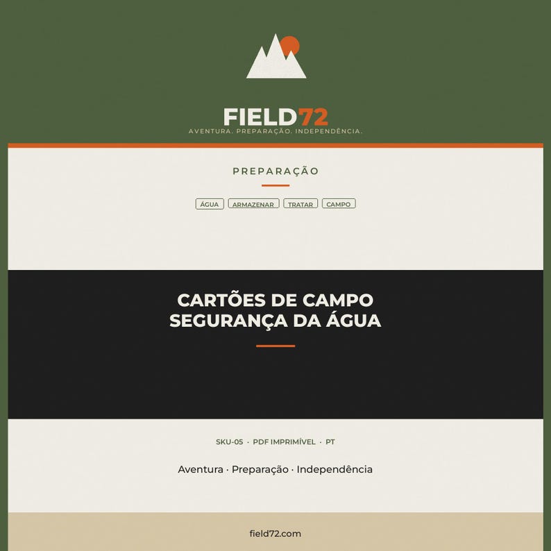May include: A digital document titled CART&Otilde;ES DE CAMPO SEGURAN&Ccedil;A DA &Aacute;GUA with a logo featuring white mountains and an orange sun. The design includes the text FIELD72, PREPARA&Ccedil;&Atilde;O, and categories like &Aacute;GUA, ARMAZENAR, TRATAR, and CAMPO in a clean layout.