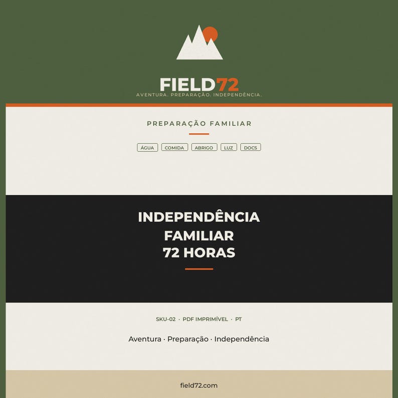 May include: A digital document titled FIELD72 featuring a mountain logo with an orange sun. The text includes PREPARA&Ccedil;&Atilde;O FAMILIAR, INDEPEND&Ecirc;NCIA FAMILIAR 72 HORAS, and categories like &Aacute;GUA, COMIDA, ABRIGO, LUZ, and DOCS on a white, black, and olive background.