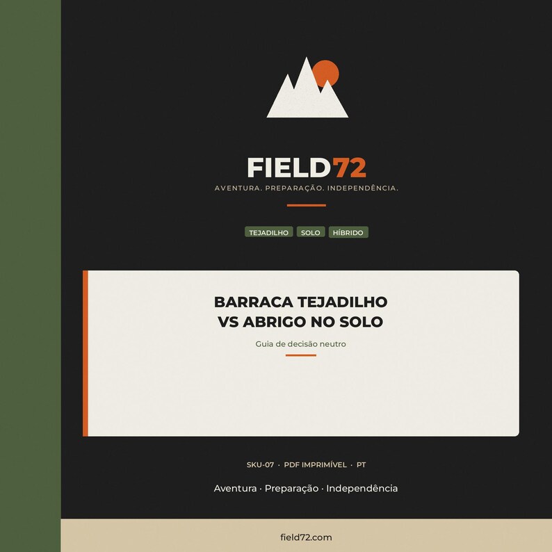 May include: A digital document cover titled FIELD72 with a mountain graphic and orange sun. It features the text BARRACA TEJADILHO VS ABRIGO NO SOLO, Guia de decis&atilde;o neutro, and SKU-07. The design uses a black background with olive green and beige accents.