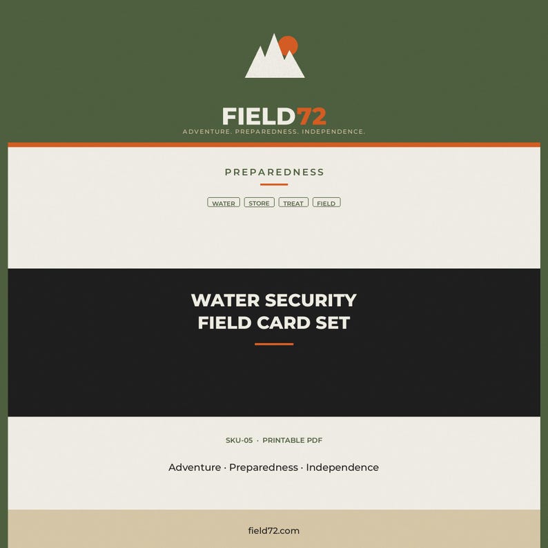 May include: A digital graphic for a Water Security Field Card Set by FIELD72. The design features a mountain logo, the text "PREPAREDNESS," "WATER STORE TREAT FIELD," "SKU-05 PRINTABLE PDF," and "Adventure Preparedness Independence" on a green, white, and black background.