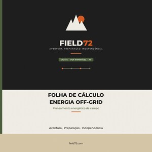 May include: A digital document titled FIELD72 featuring a mountain graphic with an orange sun. The text reads AVENTURA. PREPARAÇÃO. INDEPENDÊNCIA. SKU-04 PDF IMPRIMÍVEL PT. FOLHA DE CÁLCULO ENERGIA OFF-GRID. Planeamento energético de campo. field72.com.