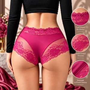 Può includere: Slip color fucsia caratterizzato da un'ampia fascia in pizzo floreale in vita e pannelli laterali in pizzo trasparente. Il capo include tre inserti circolari che evidenziano il dettaglio della vita, il design in pizzo e il tessuto morbido.