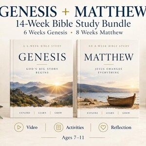 May include: A 14-week Bible study bundle featuring two books titled Genesis and Matthew. The Genesis cover shows a mountain landscape at sunrise, while the Matthew cover depicts a wooden boat on a shore. Text includes Video, Activities, and Reflection.