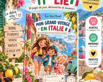 Il mio grande viaggio in Italia – Diario di viaggio stampabile per bambini – 30 pagine di giochi, scoperte, pagine da colorare e souvenir – PDF