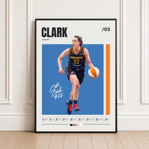 Könnte beinhalten: Ein gerahmtes Poster mit einer Basketballspielerin im dunkelblauen Indiana 22 Trikot, die einen Basketball dribbelt. Das Design enthält den Text CLARK, /02 und eine Unterschrift mit #22. Der Hintergrund ist blau mit orangefarbenen Akzenten.
