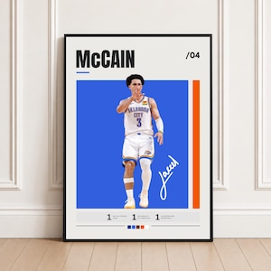May include: A vertical poster featuring a basketball player in a white Oklahoma City jersey with the number 3, set against a blue background. The text reads McCain, /04, and includes a signature. The design includes small colour blocks and stats.