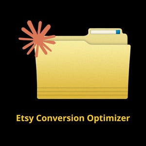 May include: A yellow file folder icon featuring a coral-colored starburst graphic on the left side and a white label tab with a blue accent. Below the folder, the text Etsy Conversion Optimizer is displayed in a bold yellow font.