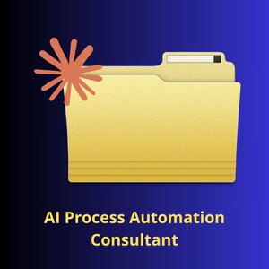 Könnte beinhalten: Ein gelbes Aktenordner-Symbol mit einem weißen rechteckigen Etikettenfeld und einer korallenfarbenen Stern-Grafik auf der linken Seite. Darunter steht der Text AI Process Automation Consultant in gelber Schrift auf blauem Verlauf.