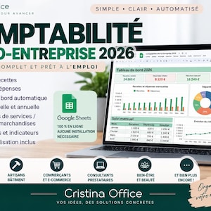 Puede incluir: Una hoja de cálculo contable digital para microempresas mostrada en la pantalla de un portátil. La interfaz presenta un panel de control para 2026 con gráficos financieros, tablas de seguimiento mensual e integración con Google Sheets.