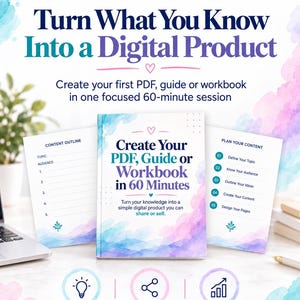 May include: A digital product guide titled Not Business As Usual Unlimited, Turn What You Know Into a Digital Product. The central book cover and two side pages feature watercolor accents in blue and pink, with text outlining steps to create a PDF, guide, or workbook in 60 minutes, plus icons for create, share, and sell.