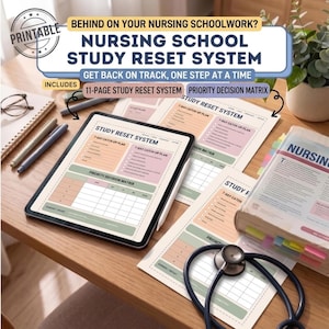 May include: A digital tablet and printed pages displaying a Nursing School Study Reset System with a 7-day catch-up plan and priority decision matrix. A stethoscope and a textbook with colorful page markers are placed on a wooden desk.
