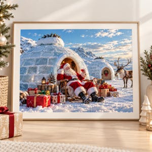Affiche Père Noël devant igloo, verre rouge, renne et cadeaux, banquise, cadeau de Noël, affiche papier mat, Réveillon sur la Glace