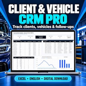 Könnte beinhalten: Ein Laptop-Bildschirm zeigt die Benutzeroberfläche der Client & Vehicle CRM Pro Software mit Datentabellen, Diagrammen und Metriken zur Nachverfolgung von Kunden und Fahrzeugen. Der Text lautet Client & Vehicle CRM Pro, Track clients, vehicles & follow-ups, Excel, English, Digital Download.