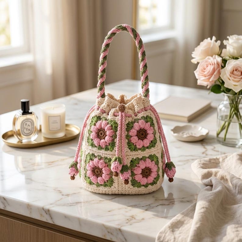 Floral Granny Square Crochet Bag Pattern, Drawstring Purse Tutorial ...
