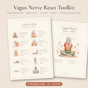 Puede incluir: Un kit de reinicio del nervio vago con dos páginas imprimibles sobre fondo crema. La página izquierda enumera 10 formas de reiniciar el nervio vago con ilustraciones y texto. La página derecha muestra el título y una lista de elementos.