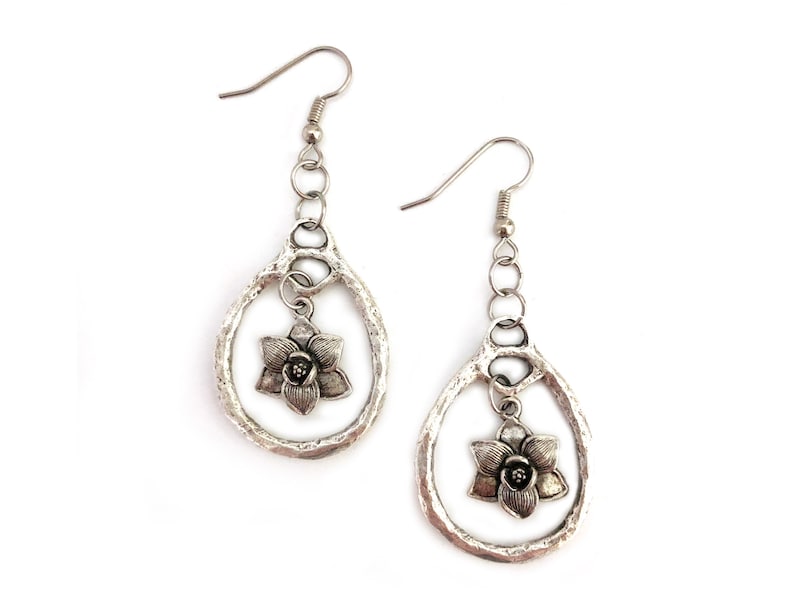 hammered hoop earrings with pewter magnolia leaf charm