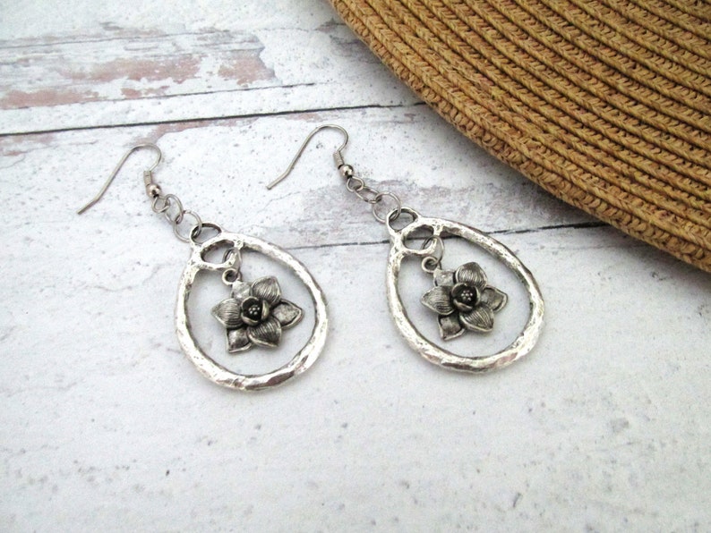 hammered hoop earrings with pewter magnolia leaf charm