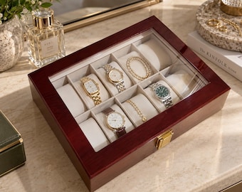 Wooden Watch Box with Glass Lid, MDF Storage Case with Removable Pillows, 1 2 3 5 6 10 12 Slot Jewelry Display, Gift for Him