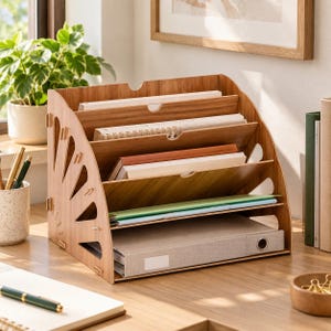 Könnte beinhalten: Ein Schreibtisch-Dokumentenorganizer aus Holz mit vier gestuften Ablagen und einem fächerförmigen Ausschnittmuster an den Seitenteilen. Der Organizer enthält verschiedene Notizbücher, Papiere und einen grauen Ordner zur strukturierten Aufbewahrung.