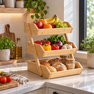 May include: A three-tiered bamboo storage rack featuring an open-frame design. The top tier holds bananas, apples, and grapes. The middle tier contains bell peppers, tomatoes, a red onion, and garlic. The bottom tier stores assorted bread loaves.