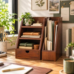 May include: A dark brown wooden desk organiser featuring three open shelves, a bottom drawer with a circular cutout handle, and an adjacent vertical file holder. The shelves contain a small potted plant, notebooks, and a small round wooden container.