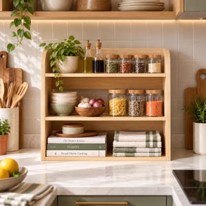 May include: A three-tiered light wood kitchen shelf organizer holding glass jars with wooden lids, bowls, a small wooden bowl with garlic and onions, and three stacked books titled The Modern Kitchen, PLENTY, and Simple Home Cooking.